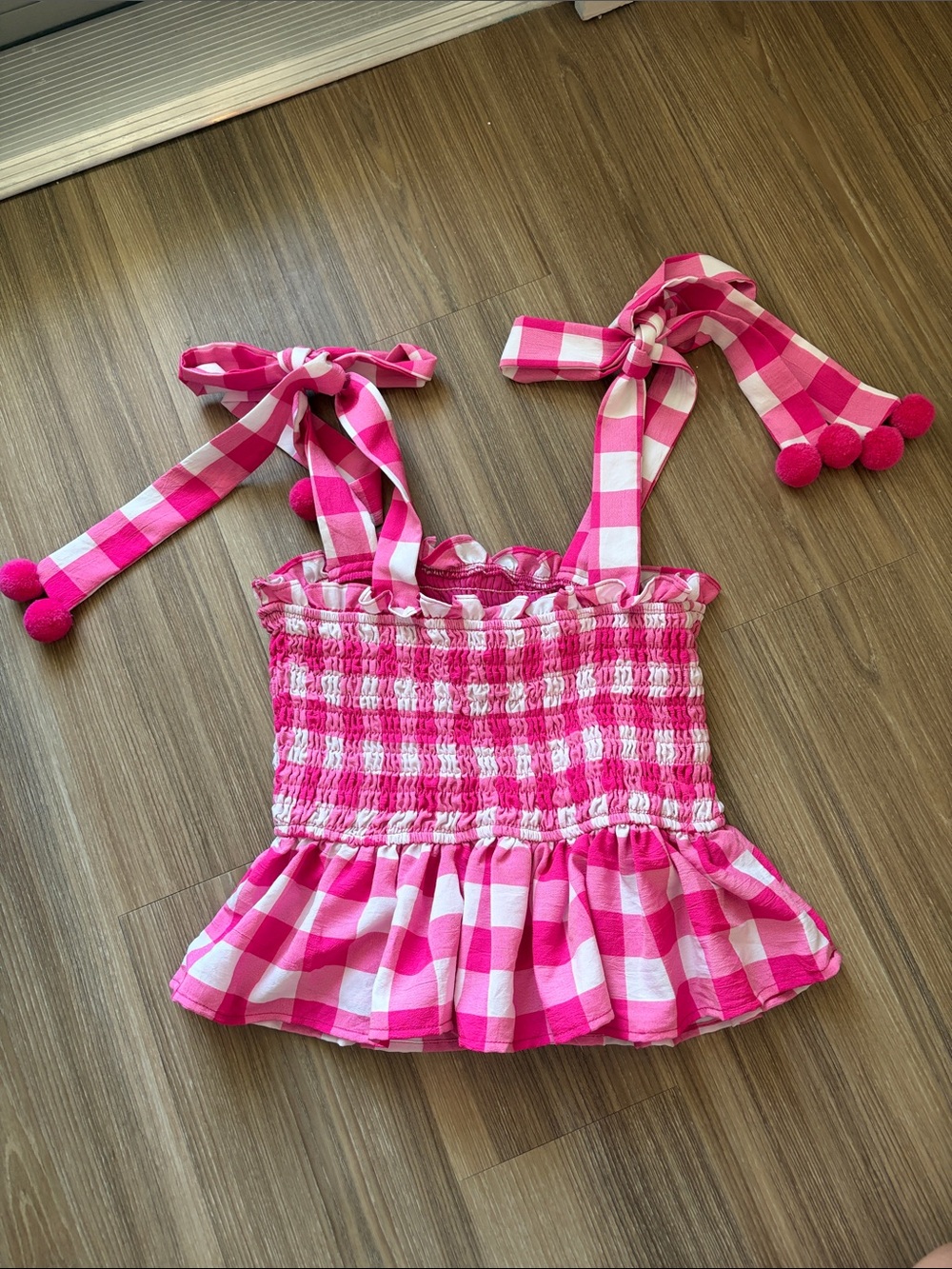 TCEC Pink and White Gingham Smocked Tie-Shoulder Crop Top